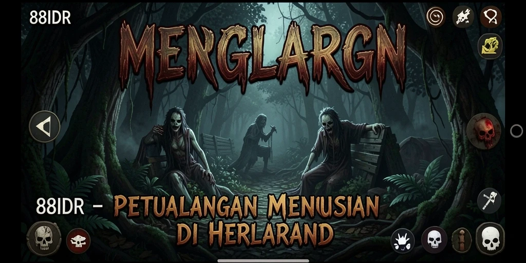 Screenshot 88IDR menampilkan suasana menyeramkan di hutan yang gelap.