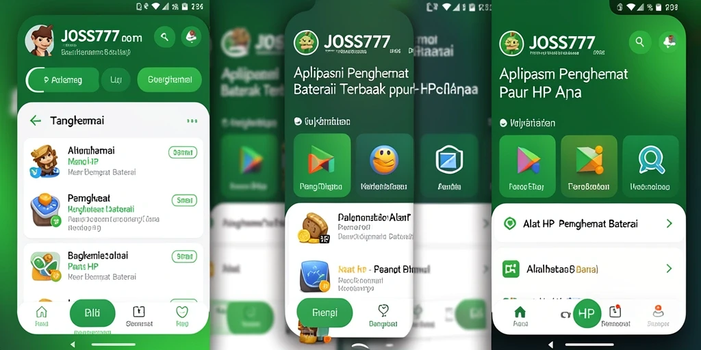 Tampilan antarmuka utama JOSS777 yang menampilkan fungsi penghemat baterai.